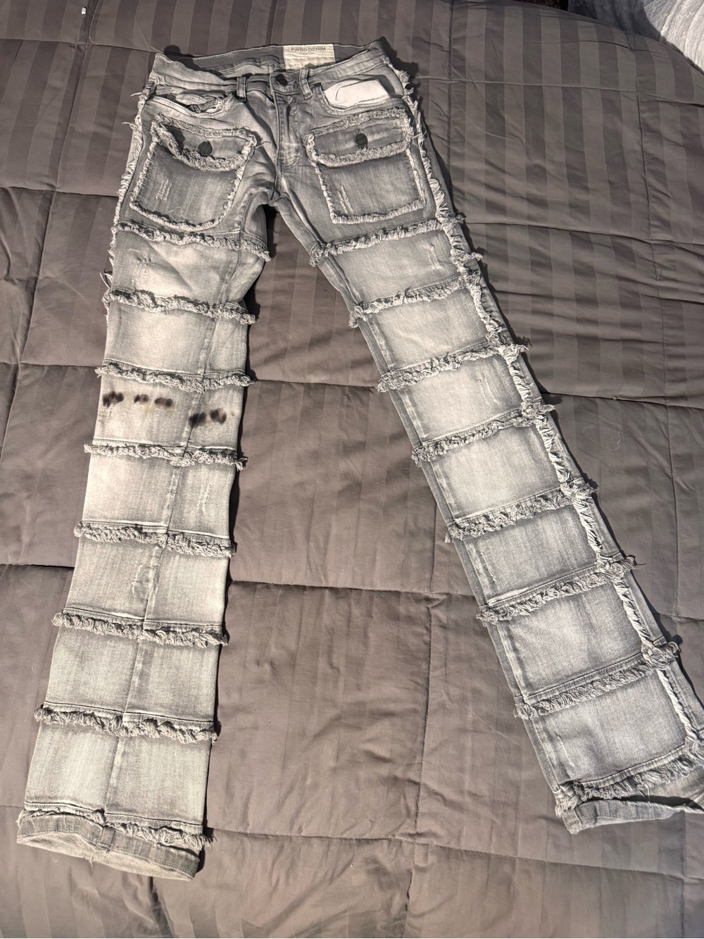 Women's Light Gray Frayed Panel Wide-Leg Jeans
